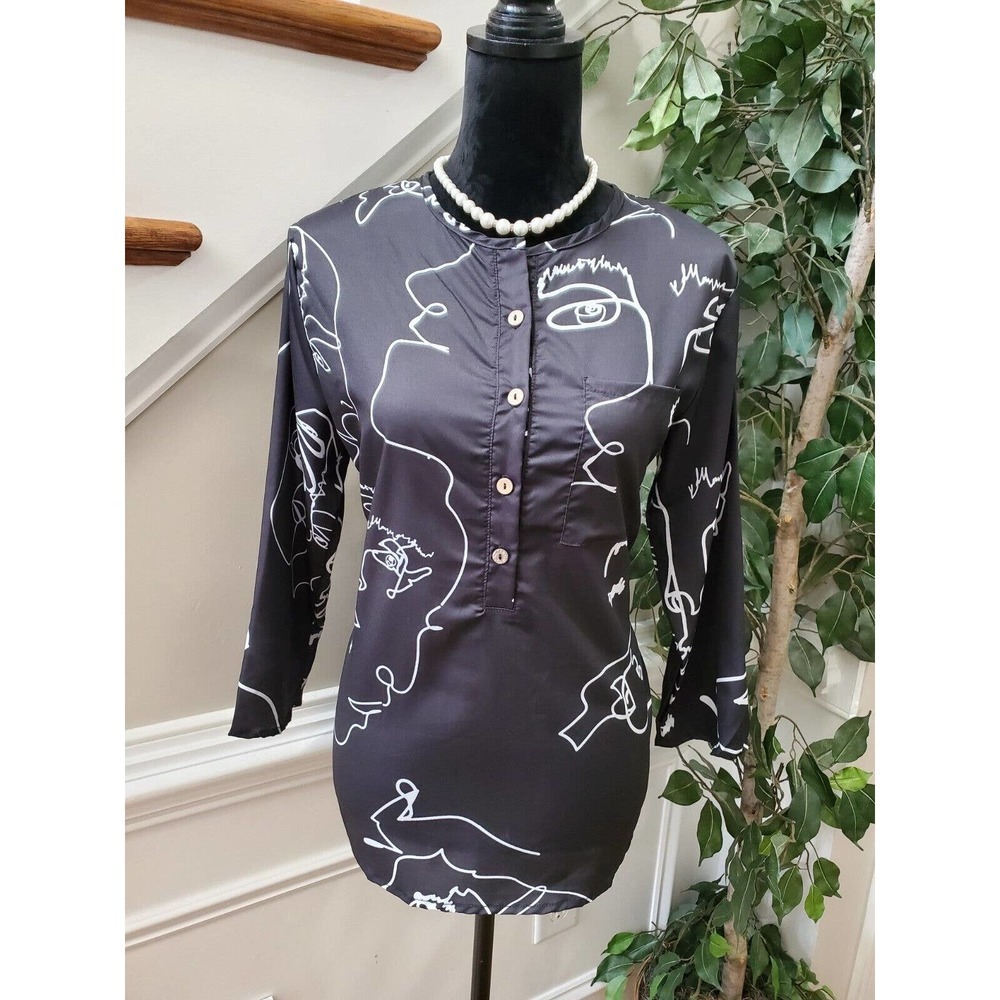 SHEIN Women's Black Polyester Henley Neck Long Sleeve Casual Top Blouse Medium